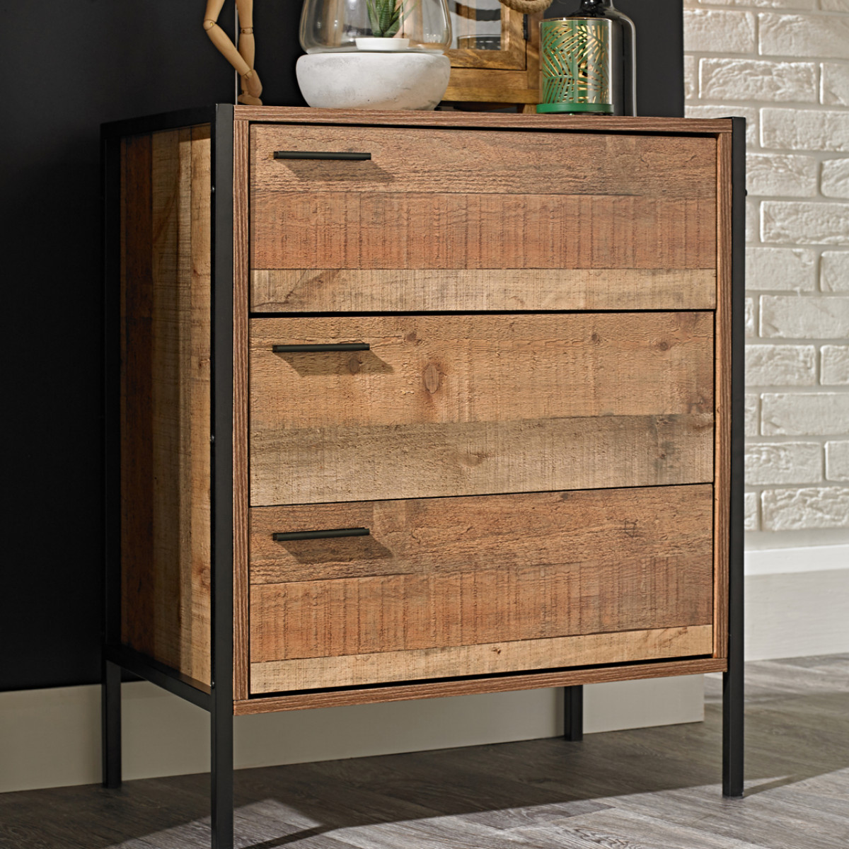 Hoxton 3 Drawer Chest Distressed Oak Effect Drawers Bedroom Storage